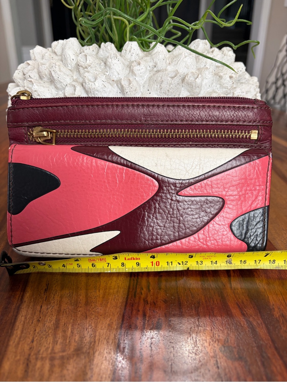 Fossil Colorblock Leather Zip Wristlet in Pink, Burgundy, White & Black